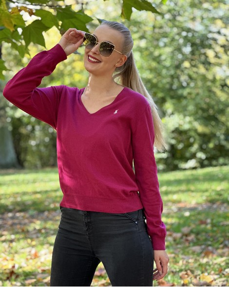 Svetr dámský Ralph Lauren malinový s výstřihem do V